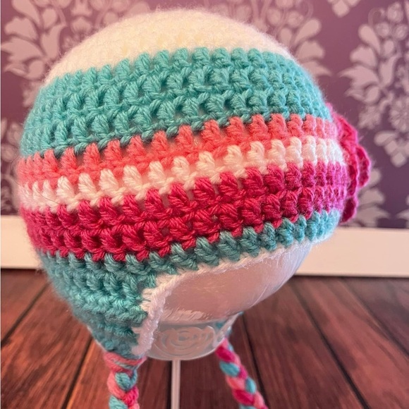 Crochet White, Pinks & Blue Earflap Hat - Picture 5 of 5